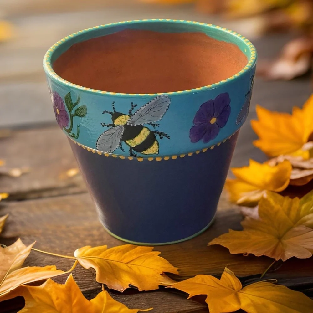 Hand crafted upcycled BEE Terra cotta pot painted blue purple yellow dots floral - Picture 3 of 14
